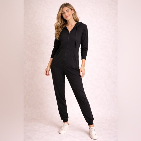 Smash + Tess Pants - Smash + Tess Black Hooded Jilly Jogger Jumpsuit Size S Bamboo Lounge Casual Chic